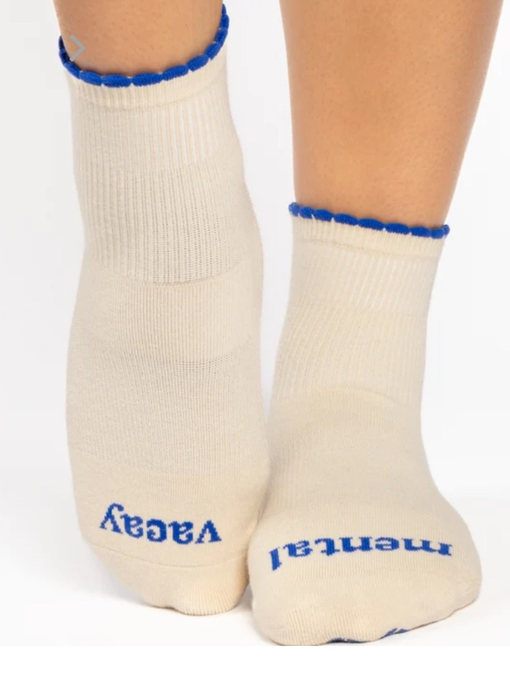Pointe Studio Mental Vacay Beige Crew Grippy Socks with Blue Trim